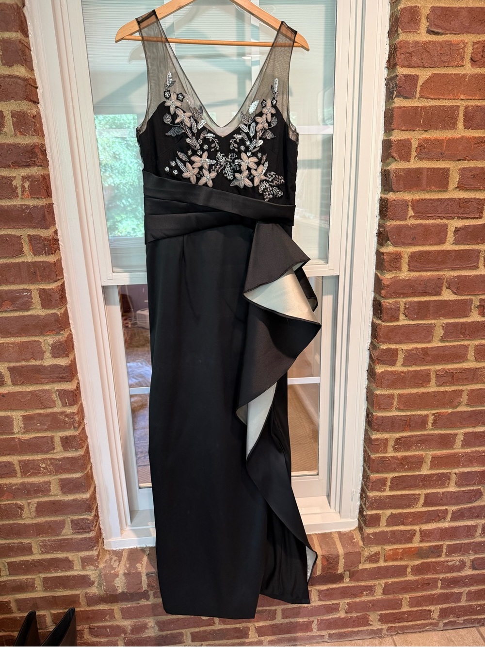 Marchesa Notte Black FormalGown with Silver Floral Embellishment and Ruffle Slit